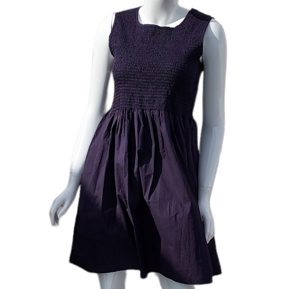 French Connection Deep Purple Sleeveless Smocked Bodice Dress